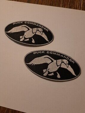 2 New Duck Commander Black Silver Oval Iron On Patches 4x2